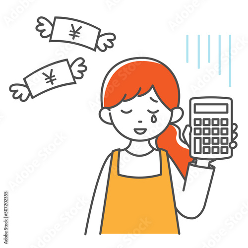 電卓を持ってがっかりする主婦と飛んでいくお金のシンプルイラスト