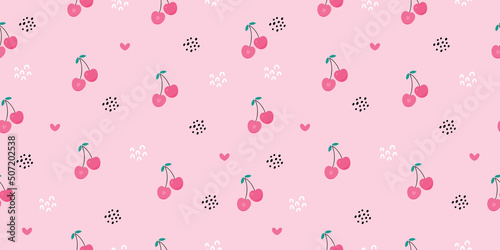 Seamless pattern of cherry fruit with green leaves