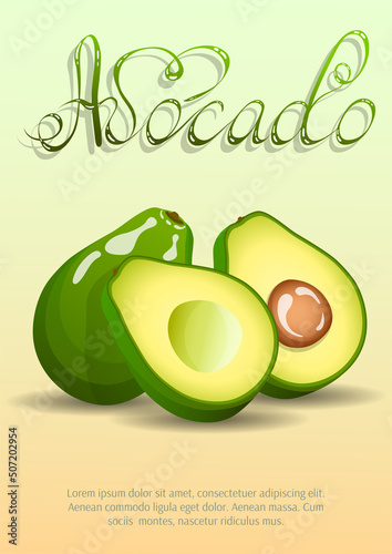 Avocado. Whole avocado and avocado in cut. Fruits, healthy eating, dieting concept. А4 vector illustration.