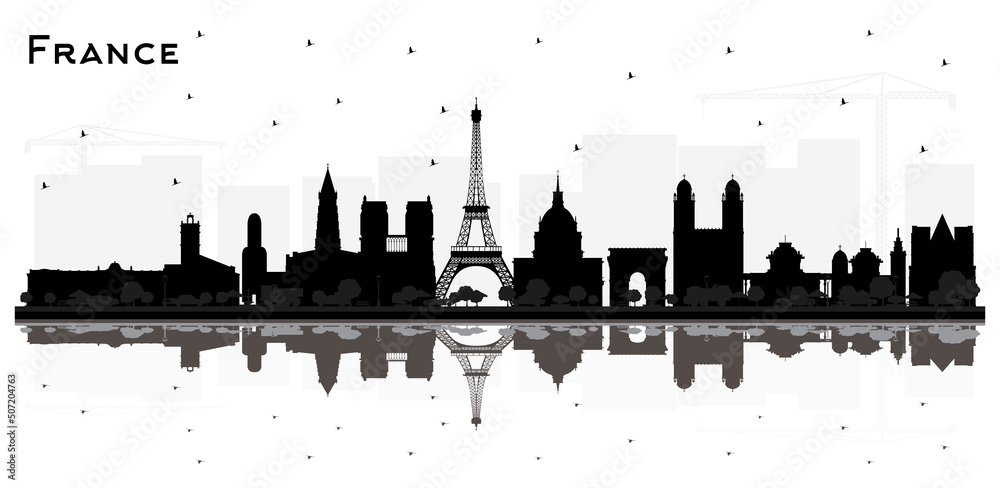 France Skyline Silhouette with Black Buildings and Reflections Isolated on White.