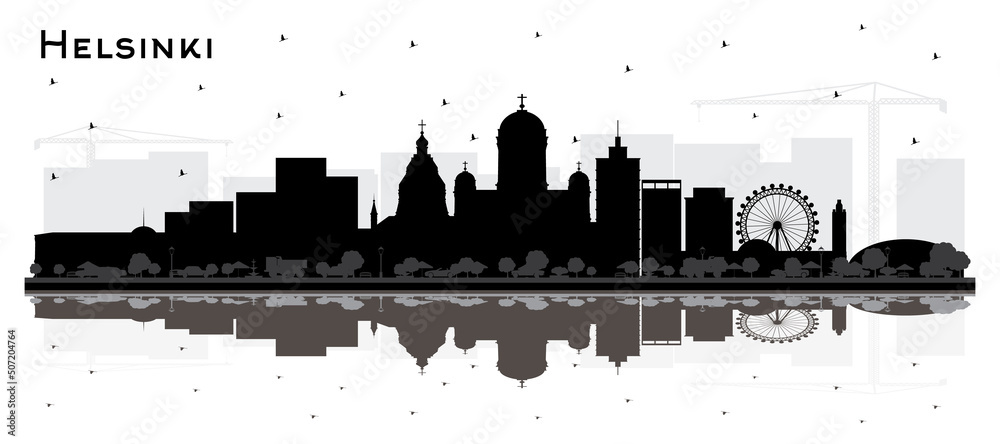 Helsinki Finland City Skyline Silhouette with Black Buildings and Reflections Isolated on White.