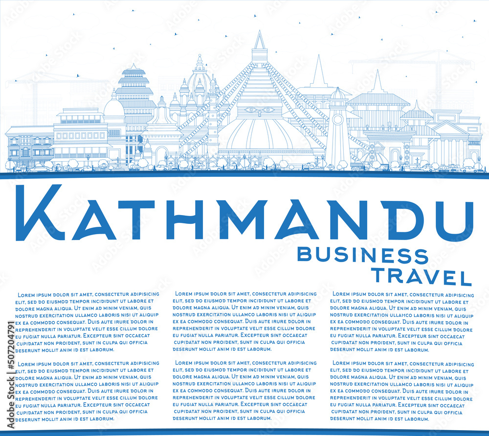 Outline Kathmandu Nepal City Skyline with Blue Buildings and Copy Space.