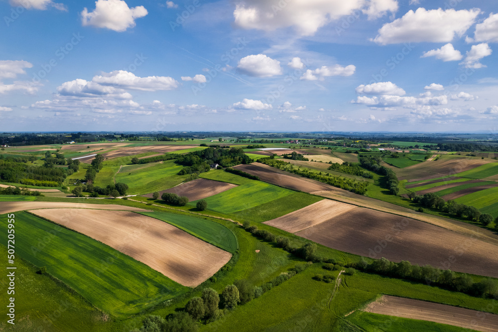 Beautiful Lush Farm Fields in Countryside,Poland. Drone View from Above