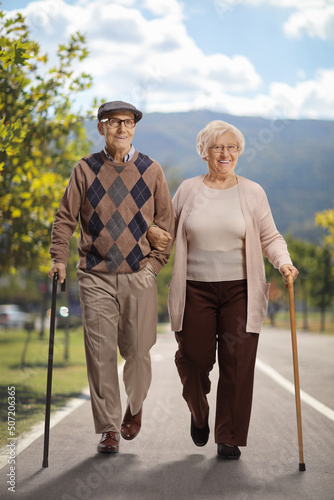 Elderly man and woman walking with canes on an asphalt footpath