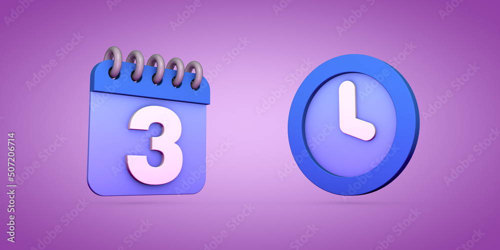 Calendar and time management 3d render illustration on purple background Calendar and time management 3d render illustration on purple background