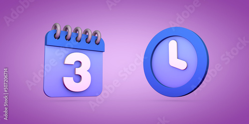 Calendar and time management 3d render illustration on purple background