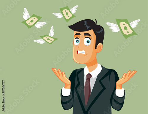 Stressed Man Looking How his Money Fly Vector Cartoon. Unhappy businessman going bankrupt due to inflation and economic crisis
