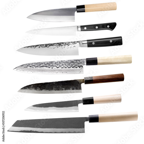 Traditional Japanese seven knife set isolated on white background. photo