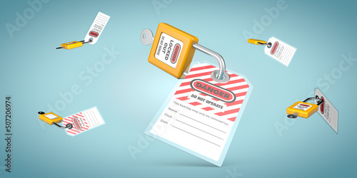Lock out, tag out with a danger tag 3d render illustration. Danger and do not operate warning. Machine and electrical system and safety equipment. Isolated on blue background.