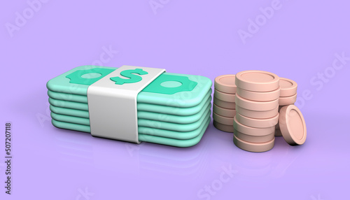 Banknotes and coins on purple background. 3d render money illustration.