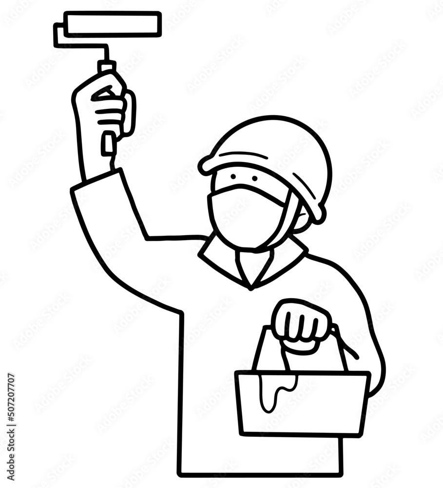 ローラーを持つ塗装業の男性のイラスト 線画のみ ローラーを持つ塗装業の男性のイラスト 線画のみ