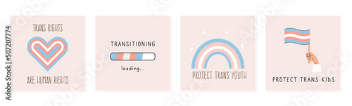 Set of square banners to support LGBTQ people. Cards with transgender slogan and phrases. Gender Identity and Expression. Pride month. Vector flat style illustration.