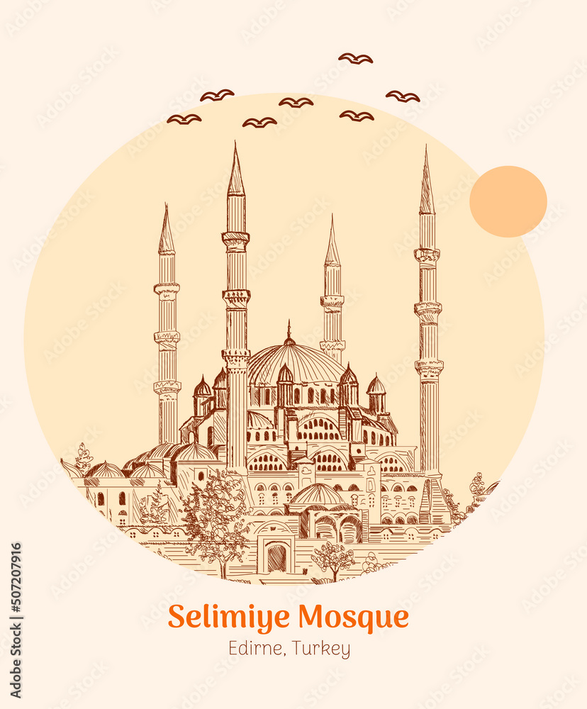 Selimiye Mosque Edirne Turkey. Hand drawing vector illustration line ...