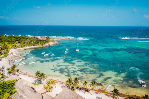 Aerial view of the Akumal Bay in Quintana Roo  Mexico. Caribbean Sea  coral reef  top view. Beautiful tropical paradise beach