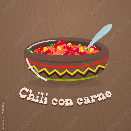 Chili con carne icon. Illustration of a bowl of traditional Mexican soup with beans, tomato sauce, chili pepper and vegetables on a dark wood background. Vector 10 EPS.