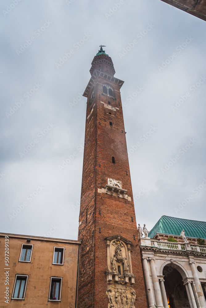 Fototapeta premium View of Bissara Tower in Vicenza, Veneto, Italy, Europe, World Heritage Site