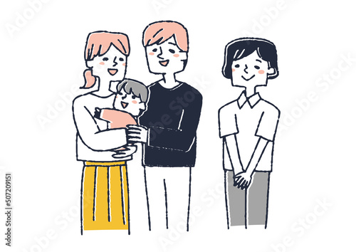 乳児の養子を迎え入れた幸福な夫婦と孤児院の職員　コミカルな手書きの人物　ベクター、温かみのある線画