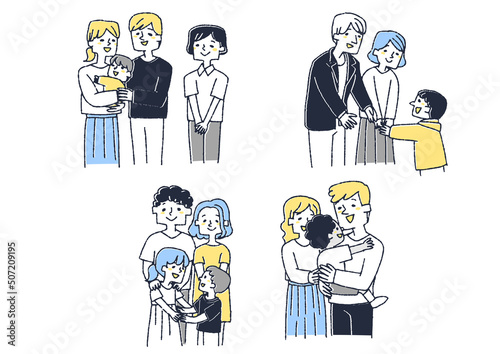 養子を迎え入れた幸福な夫婦のバリエーションセット　コミカルな手書きの人物　ベクター、温かみのある線画