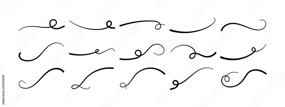 Hand drawn swoosh underline set. Vector calligraphic lettering emphasizies curved line. Element for typography. Collection of black brush strokes isolated on white background. Retro ornament tails - obrazy, fototapety, plakaty 