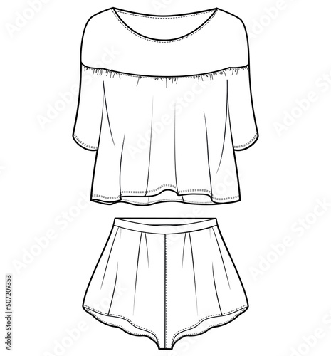 technical drawing of woman pyjama sleepwear set in vector. pajama t shirt and shorts flat sketch vector illustration. front and back view template. 
