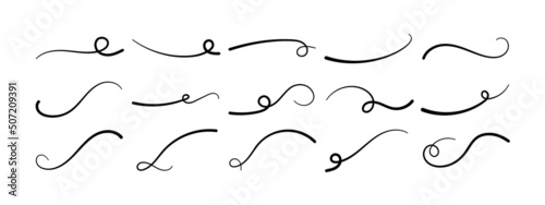 Hand drawn swoosh underline set. Vector calligraphic lettering emphasizies curved line. Element for typography. Collection of black brush strokes isolated on white background. Retro ornament tails