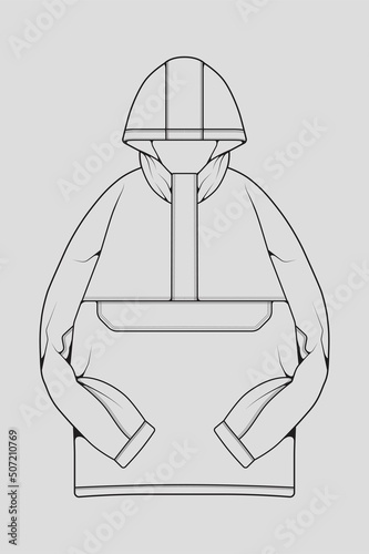 Windbreaker jacket technical fashion illustration sketch, long sleeves, welt pockets. template front sketch jacket, with grey color background. Women, men, unisex.