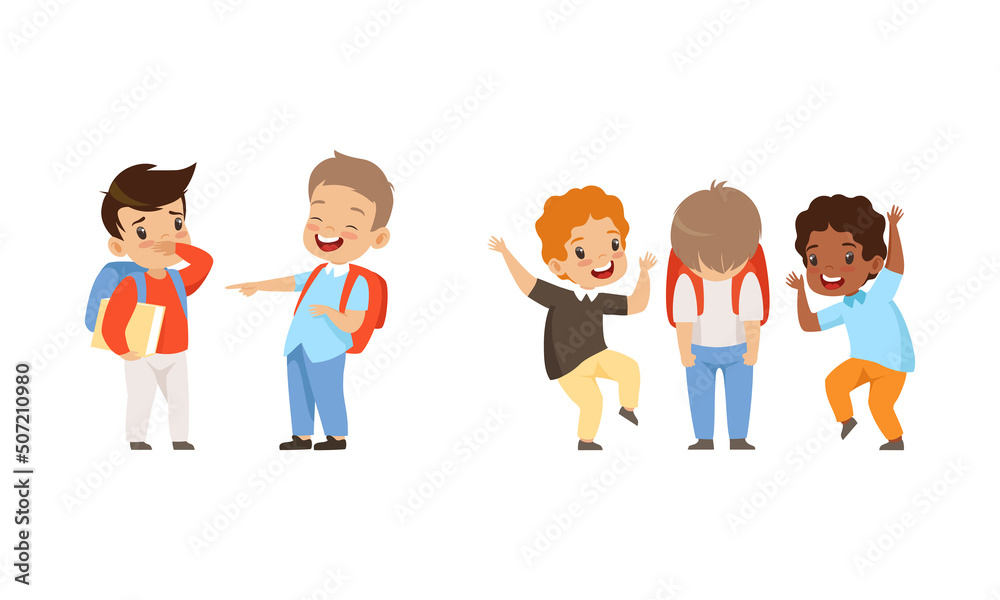 Offensive Boy Bullying and Abusing Sad Agemate Vector Illustration Set Offensive Boy Bullying and Abusing Sad Agemate Vector Illustration Set