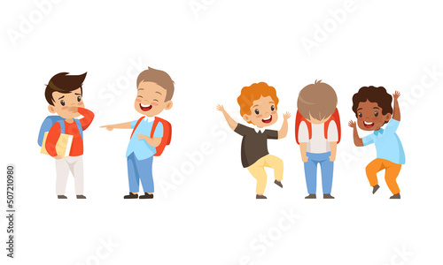 Offensive Boy Bullying and Abusing Sad Agemate Vector Illustration Set