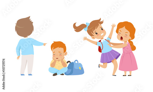 Offensive Boy and Girl Bullying and Abusing Sad Agemate Vector Illustration Set photo