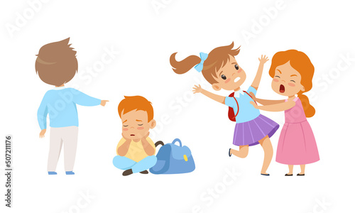 Offensive Boy and Girl Bullying and Abusing Sad Agemate Vector Illustration Set