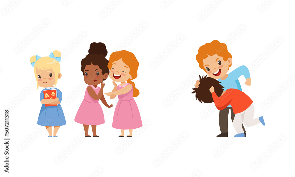 Offensive Boy and Girl Bullying and Abusing Sad Agemate Vector Illustration Set Offensive Boy and Girl Bullying and Abusing Sad Agemate Vector Illustration Set