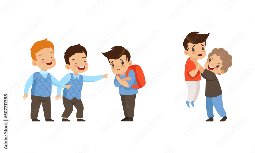 Offensive Boy Bullying and Abusing Sad Agemate Vector Illustration Set