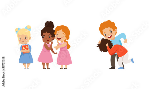 Offensive Boy and Girl Bullying and Abusing Sad Agemate Vector Illustration Set