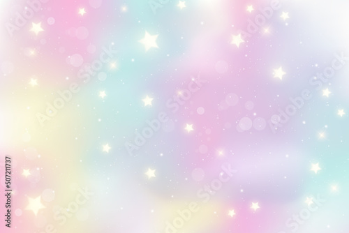 Rainbow unicorn background. Holographic illustration in pastel colors. Cute cartoon girly wallpaper. Bright multicolored sky with stars. Vector.
