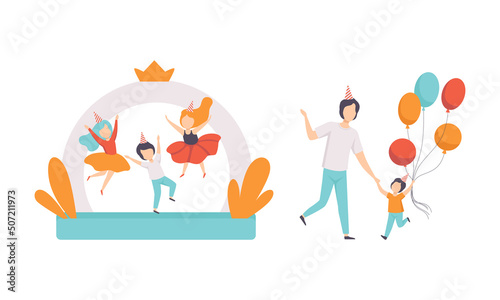 Happy Children in Birthday Hat Jumping with Joy and Carrying Bunch of Balloons with Dad Celebrating Holiday Vector Set