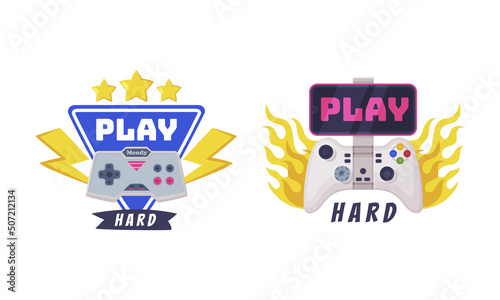 Video Game Zone Sticker with Gamepad as Game Controller and Word Vector Set