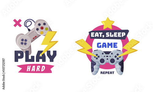 Video Game Zone Sticker with Gamepad as Game Controller and Word Vector Set
