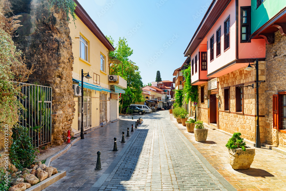 Naklejka premium Traditional Ottoman houses on an old street in Kaleici, Antalya