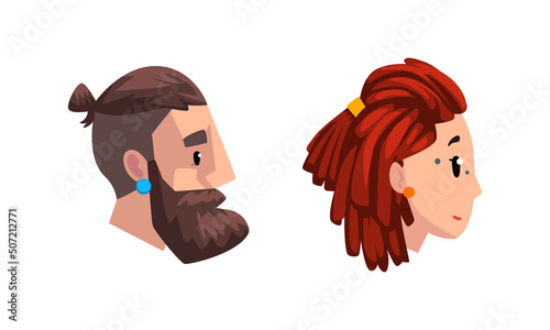 Profile Portrait or Head of Male and Female Character with Modern Hipster Hairstyle Vector Set