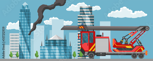 Fire truck on city town lanscape in flat style. Fire engine. Emergency fire vehicle template. Red transportation for firefighting or fire extinguishing design element