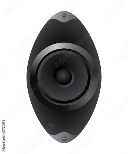 Acoustic speaker. Modern electronic equipment, volume music listening isolated. Metallic power bass system loudspeaker device. Audio subwoofer icon for concert, party or home cinema