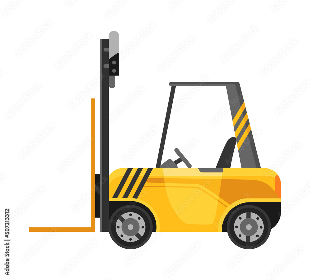 Forklift warehouse or storage equipment. Yellow machine without driver isolated on white background. Delivery, shipment or logistic cargo. Electric uploader. Supply storage service