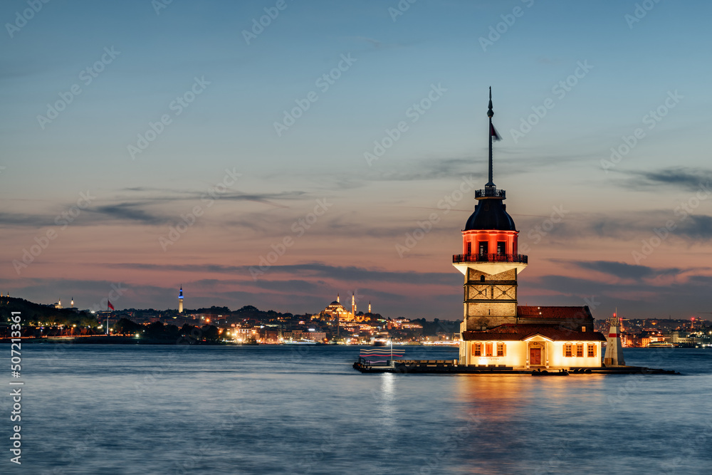 Sunset view of the Maiden's Tower in Istanbul, Turkey