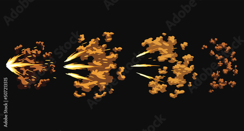 Gun flashes or gunshot animation. Collection of fire explosion effect during the shot with the gun. Cartoon flash effect of bullet starts. Shotgun fire, muzzle flash and explode