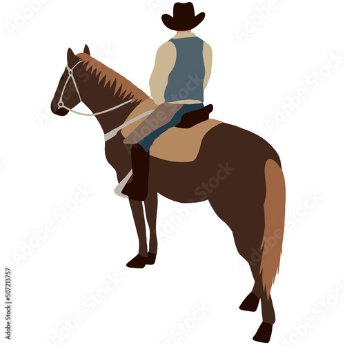 Cowboy in a hat sits on a brown horse