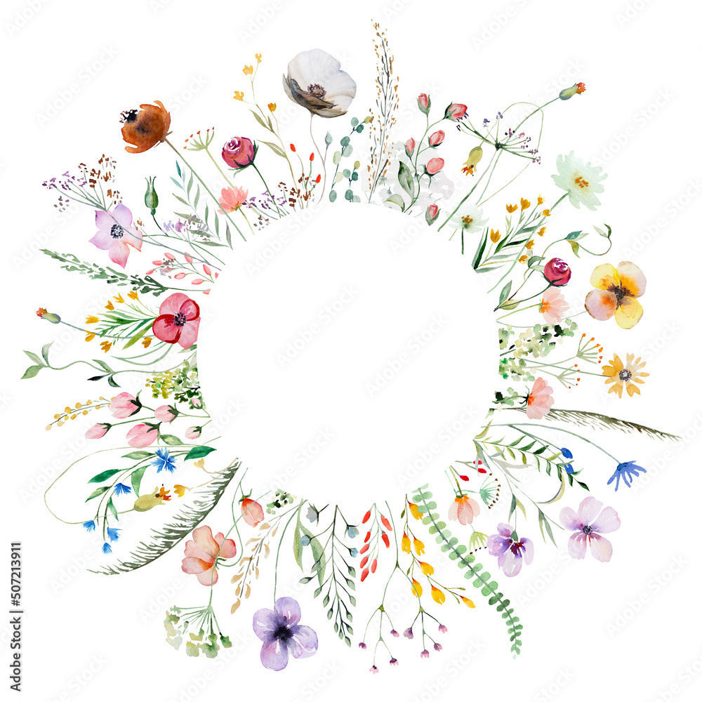 Round Frame made of watercolor wildflowers and leaves, wedding and greeting  illustration - a Royalty Free Stock Photo from Photocase
