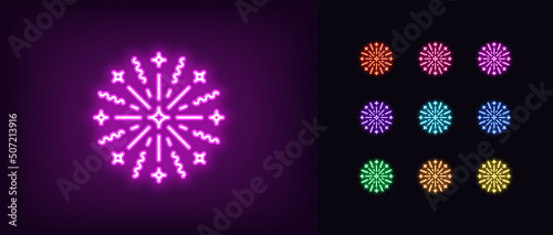 Outline neon firework icon. Glowing neon firework explosion silhouette, starburst pictogram. Festive firework burst