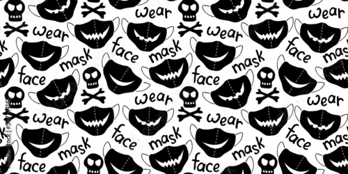 Seamless vector pattern of medical protect face masks. Halloween background and texture with lettering in flat style. Virus protection, quarantine. Covid-19 pandemic