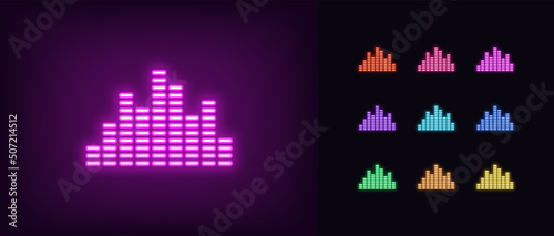 Outline neon music equalizer icon. Glowing neon sound equalizer with bars, soundwave pictogram. Musical track