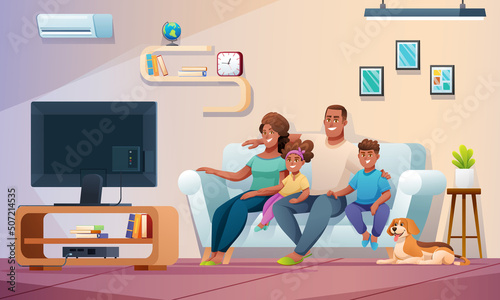 Happy family watching television together in living room. Family illustration in cartoon style